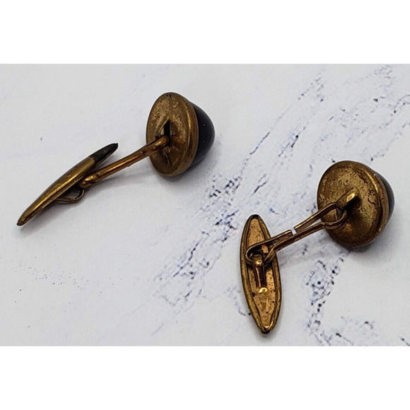 Vintage Brass Tone with Black Stone Slant Arm Cufflinks - Picture 2 of 5